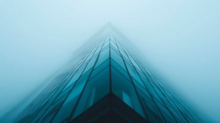 A modern glass building facade shot from below, vanishing into a foggy sky. Concept of architecture and urban design.  Generative AI