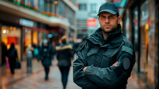 Security guard in uniform standing with crossed arms in a busy shopping center, blurred people in the background. Concept of security and surveillance. Generative AI