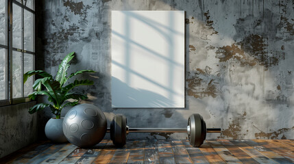 Minimalist interior with a blank white wall poster, a plant, and gym equipment, on a textured industrial wall, concept for fitness and advertisement,  Generative AI