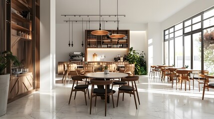 Restaurant tables and chairs, warm and modern style restaurant, decoration renderings