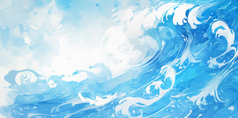 Watercolor blue wave with white foam and blue sky with copy space text for design, nature, and ocean.