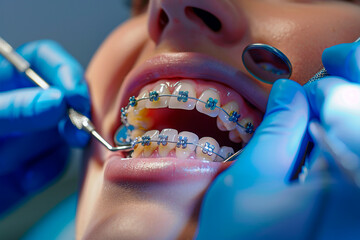 Close-up of a dental examination with braces on teeth. The dentist's gloved hands and tools are visible, highlighting the orthodontic care