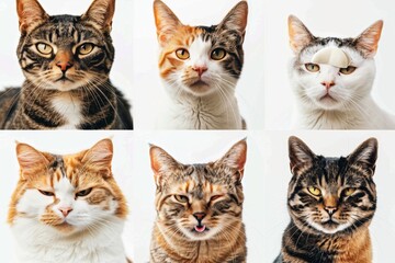 A collection of eight adorable cats showing various expressions, each with unique fur patterns and colors, in a grid format.