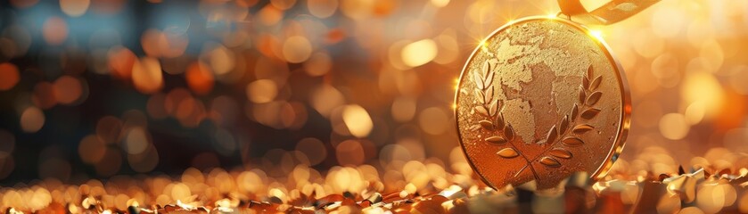 Gleaming gold medal reflecting ambient light, showcase, selective focus, surreal achievement, silhouette, stadium backdrop