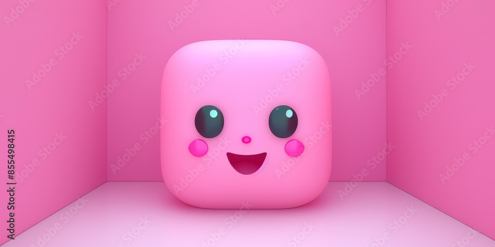 Poster 3d rendering of a cute pink cube character with a happy face. ai.