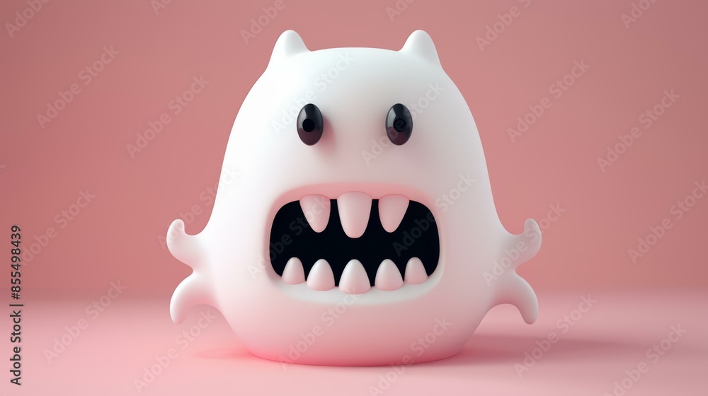 Poster 3d rendering of a cute and funny white blob monster with big eyes and sharp teeth against a pink bac
