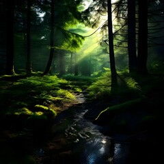 Obraz premium Dense Forest Path with Sunlight Filtering Through Trees Serene Nature Scene Tranquil Woodland Vibrant Natural Beauty
