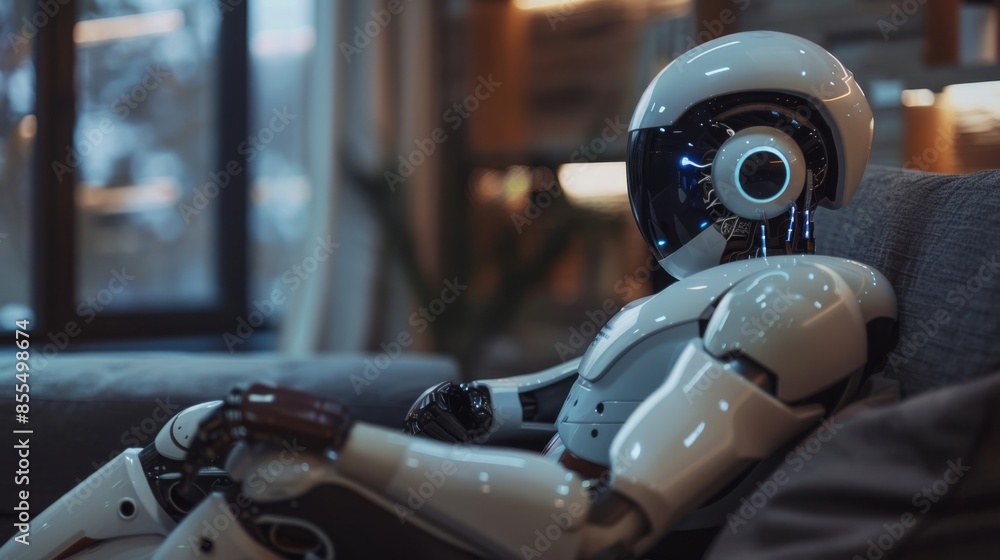 Poster a robot is sitting on a couch in a living room. the robot is white and has a blue face. the robot is