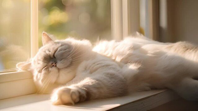 Cat basking in sunlight by the window