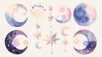 Watercolor moon and stars with copy space text for design, illustration, and night sky.