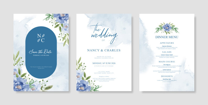 Beautiful wedding invitation template with floral watercolor
