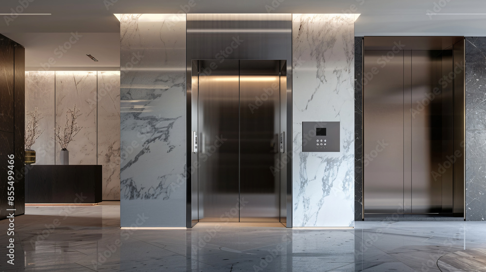 Aufkleber modern lobby interior with marble walls and elevator with copy space text for design, architecture, 