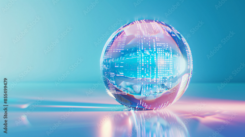 Poster abstract glass sphere with digital data inside with copy space text for background, design, and tech