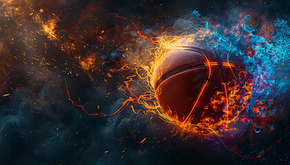  A stunning digital art piece featuring a basketball at the center, with vibrant orange and blue smoke and light effects bursting out from it. 