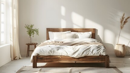 White log style bedroom, a log bed and white sheets