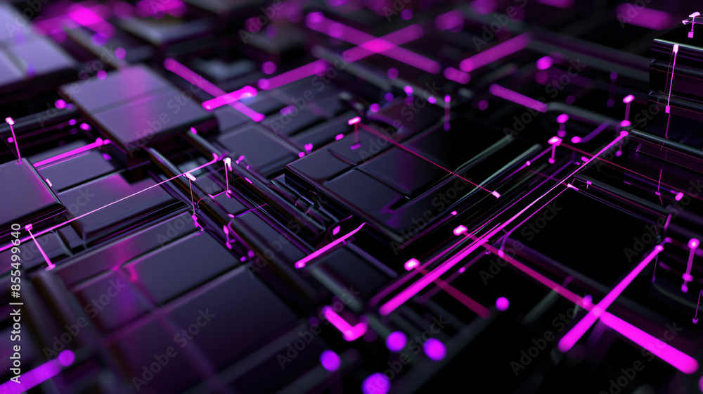 Poster abstract geometric background with black and purple squares and lines with copy space text for techn