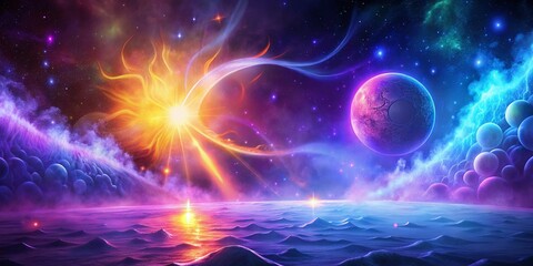 Obraz premium Mystic Sun and Moon Dancing with Intertwining Sun Rays in a Purple, Blue, and Pink Environment. Enchanting Scene with Mist, Lights, and Sparkles Creating a Magical Atmosphere.
