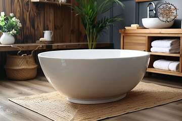 Fototapeta premium White and Wooden Bathroom with Tub and Sink