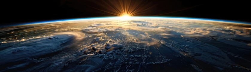 Fototapeta premium Breathtaking view of Earth from space, capturing the sunrise over its horizon, showcasing natural beauty and the vastness of the planet.