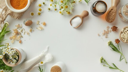 A white background with a variety of herbs and spices, including a jar of honey. The herbs and spices are arranged in a circle, with a spoon and a mortar and pestle in the center
