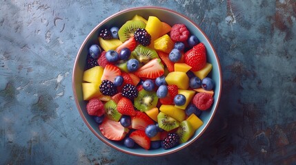 Artistic top-down shot of a fruit salad bowl, using a split-complementary color palette, raw and vivid, every fruit piece intricately detailed