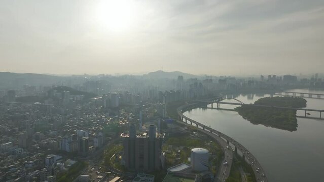 Drone View of Seoul city in South Korea, Hapjeong Station, Hot place, Summer, 60fps