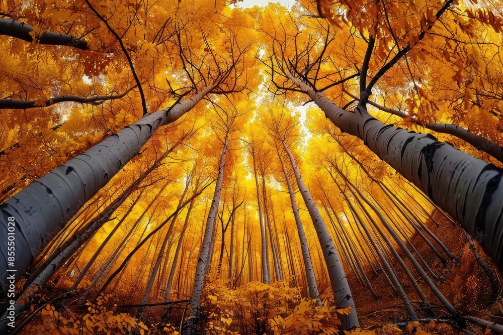 Aufkleber stunning view of tall trees with vibrant autumn leaves captured from below, creating a mesmerizing c