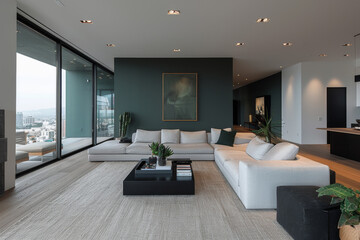 Fototapeta premium Panoramic Gray Living Room with Poster