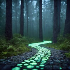 empty dark asphalt road with green moss in the forest. night scene with dark road. dark asphalt