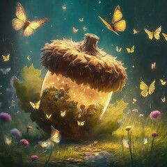 fantasy landscape with a butterfly and flowers, 3 d illustration