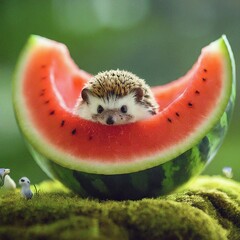 cute funny dog with watermelon and fruits