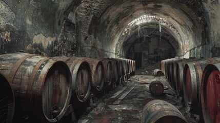 Abandoned wine cellar, countless vintage barrels in neat rows, eerie silence, cobwebs and shadows, remnants of a forgotten era