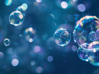 Naklejka premium Bubbles against blue background, reflecting colorful light gracefully