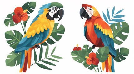 Obraz premium The Macaw parrot sit with green leaves on a white background