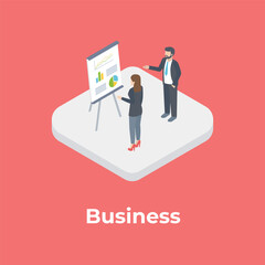 Isometric business people near the chart and diagram on a color background. Office workers or teamwork.