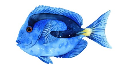 A blue tang fish clipart, ocean creature element, watercolor illustration, bright blue, isolated on white background