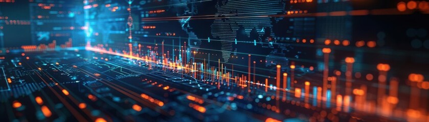 Fototapeta premium Macroeconomic research paper on digital screens, detailed view, highlighting global inflation trends and impacts