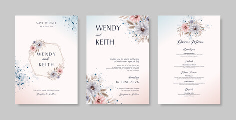 Minimalist wedding invitation template with floral watercolor