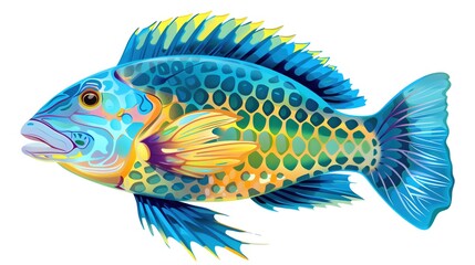 Fototapeta premium A parrotfish clipart, tropical fish element, vibrant illustration, green and blue, isolated on white background