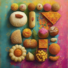 set of different colorful candies and sweets on a dark background