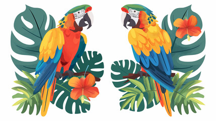 Fototapeta premium The Macaw parrot sit with green leaves on a white background