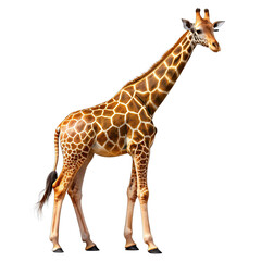 A lone giraffe stands with its head held high on a white background. Generative AI