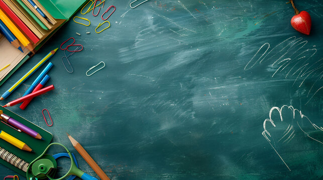 pizarron pizarra con espacio para copiar con utiles escolares colores y accesorios de la escuela para el regreso a clases de vuelta a la escuela fondo para dise&ntilde;o