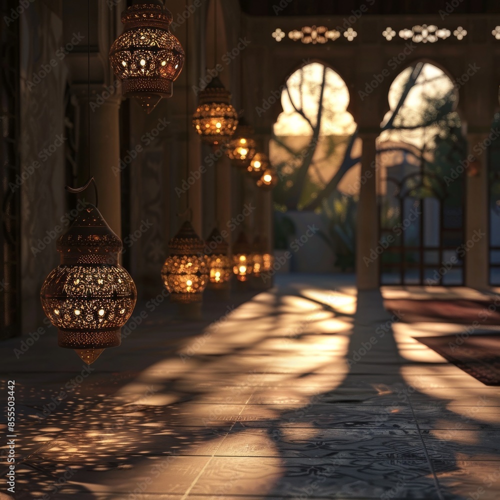 Poster dynamic 3d animation of islamic lanterns swaying gently in the breeze, casting patterns of light and