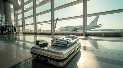 Luggage sits on the floor of a modern airport terminal with an airplane visible through the large glass windows in the background.