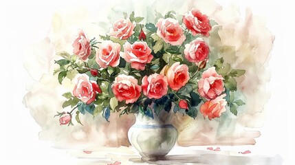 Bouquet of roses in a charming vase, beautifully illustrated in watercolor, embodying a romantic gesture with complementary colors