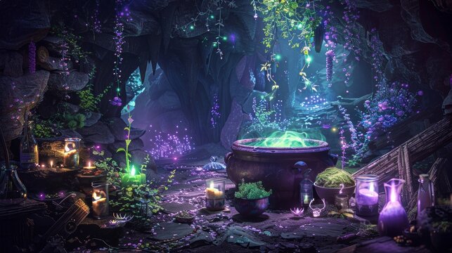 Bubbling cauldron with vibrant green and purple potions, surrounded by mystical herbs and glowing plants in a dark cave