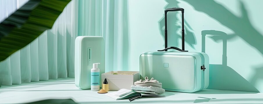 Mint green travel essentials beautifully arranged with suitcase, toiletries, and accessories, set against an elegant, modern backdrop.
