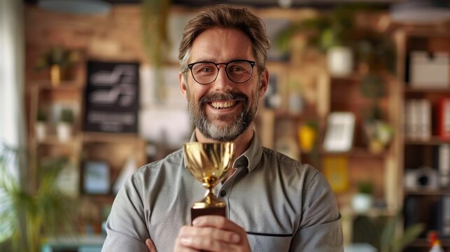 A jubilant entrepreneur holding a trophy or award, symbolizing outstanding business performance and success. The individual is standing in a stylish office with motivational posters and a vision