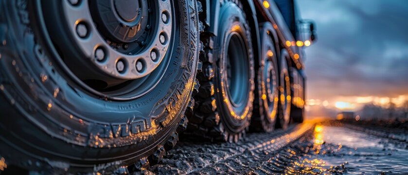 Close-up of trailer truck tires, emphasizing the heavy-duty rubber wheels, intricate tread details, and rugged durability